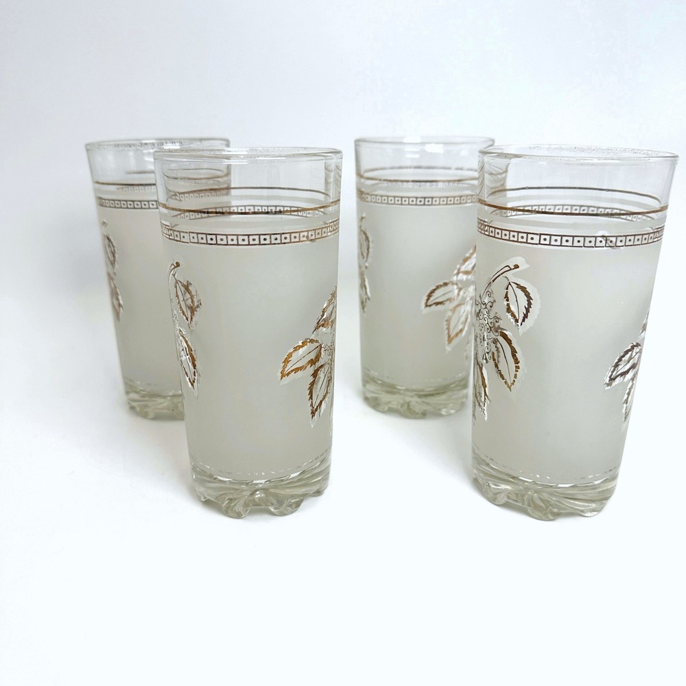 Vtg Frosted Glass Tumblers Set 4 White Gold Leaf MCM Highball Drinking Glasses